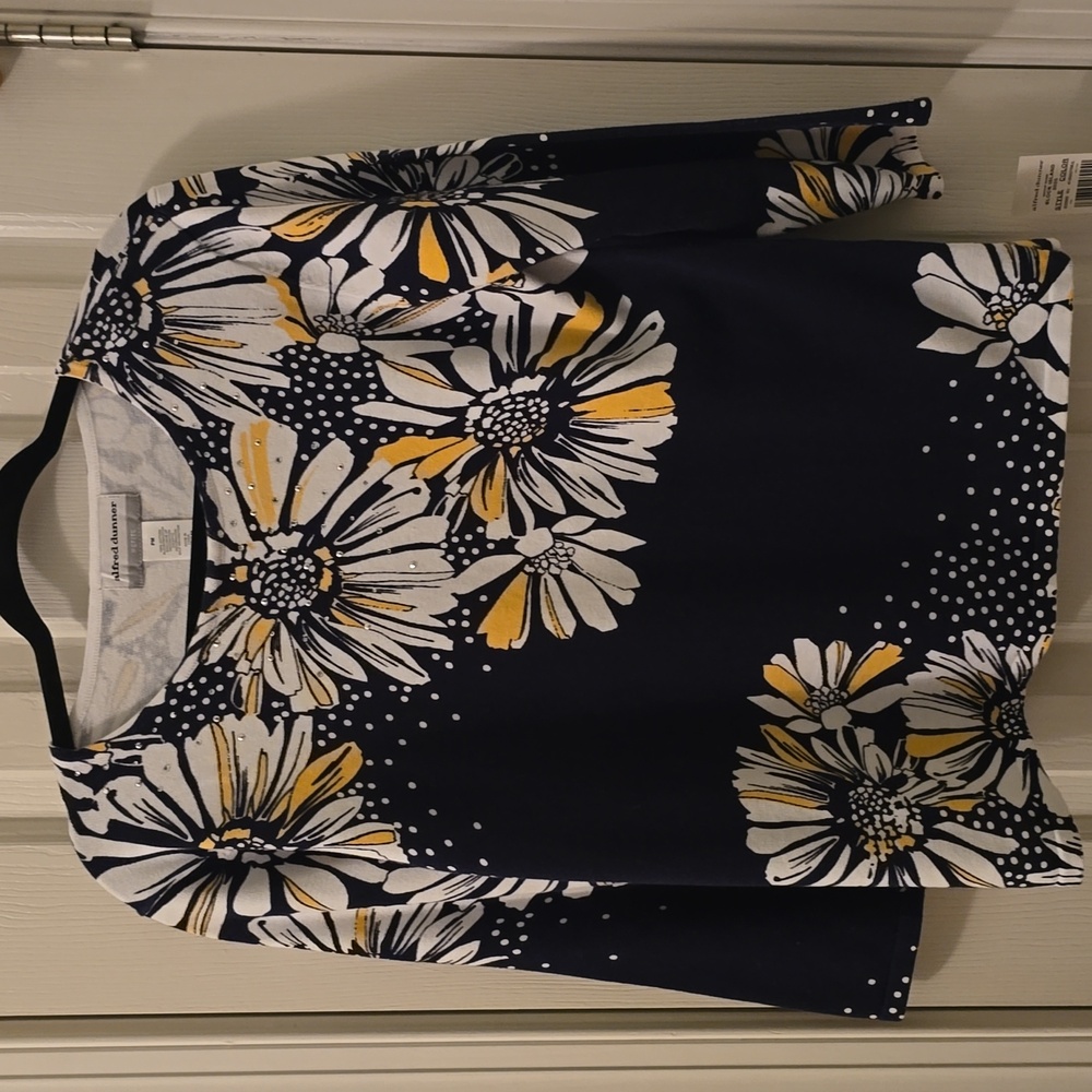 ALFRED DUNNER BRAND WOMENS PETITE BLUE FLORAL PULLOVER TOP SIZE PM